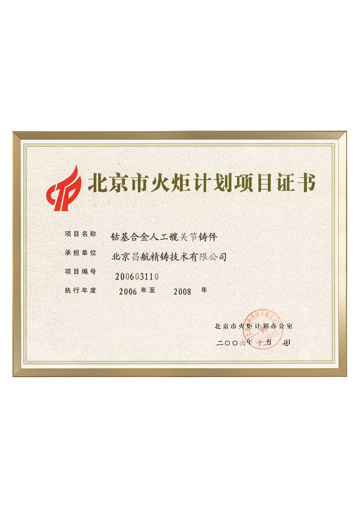 火炬计划项目证书